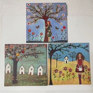 Set Of 3 Jeweled Whimsical Folk Art Canvas Prints 11 3/4 Square Girl Painting